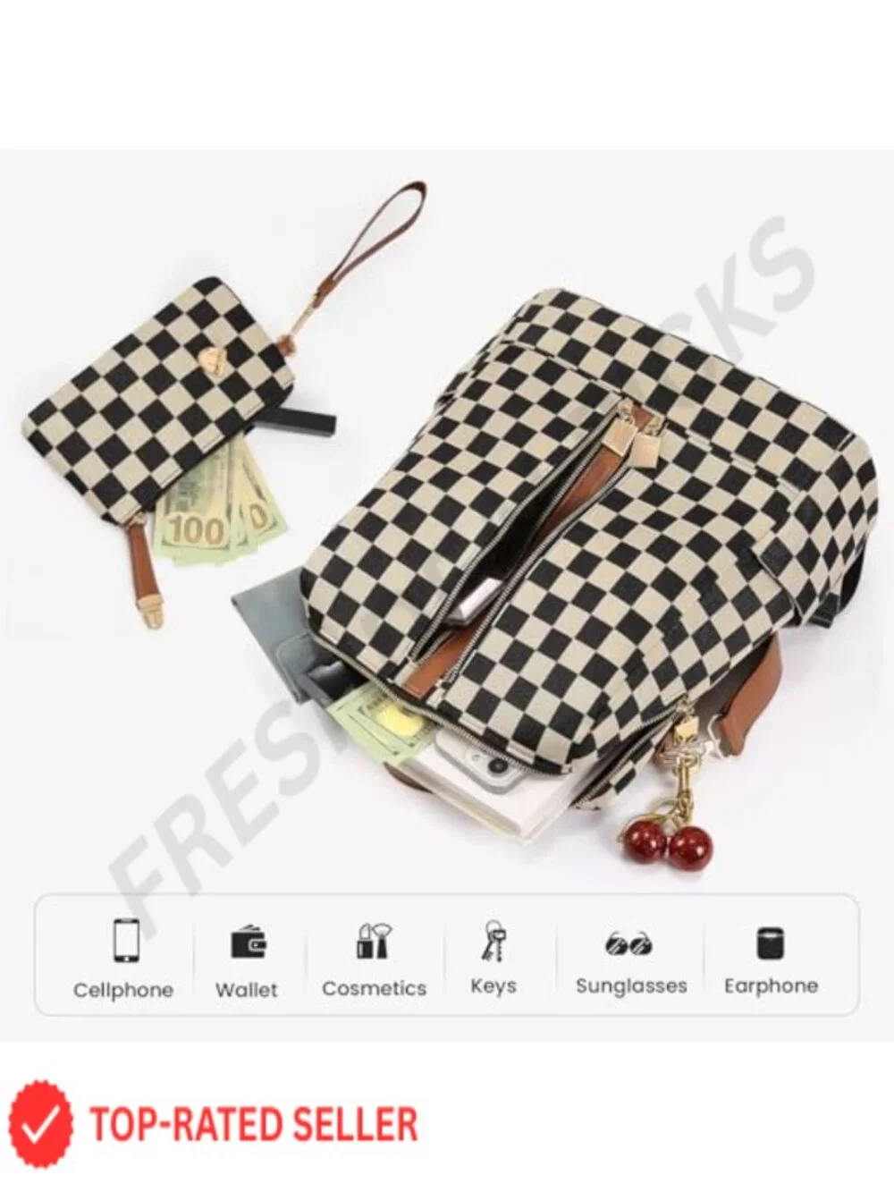 Small Checkered Backpack Purse for Women Canvas PU Fashion Daypack Travel Work